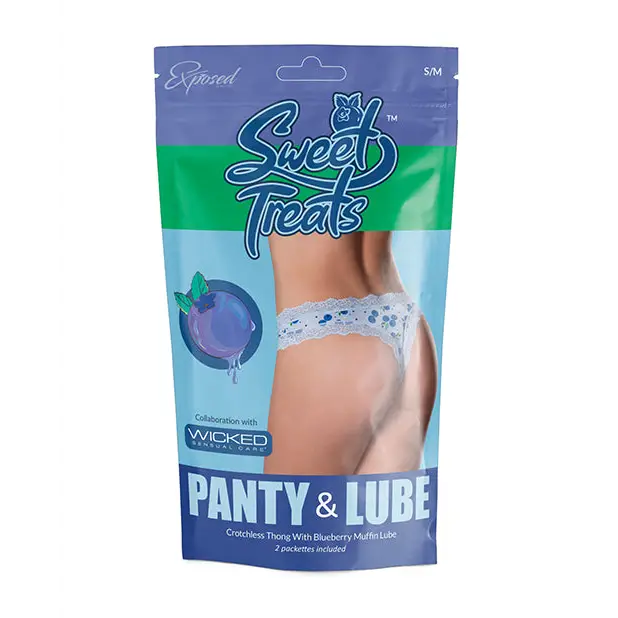 Sweet Treats Crotchless Thong w/Wicked Sensual Care Blueberry Lube - Blue L/XL - Lingerie - Packaged