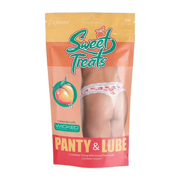 Sweet Treats Crotchless Thong w/Wicked Sensual Care Peach Lube - White L/XL - Lingerie - Packaged