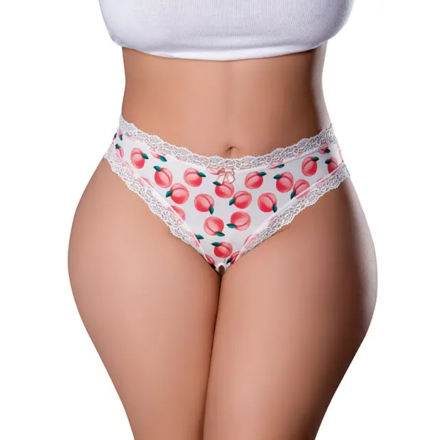 Sweet Treats Crotchless Thong w/Wicked Sensual Care Peach Lube - White QN - Lingerie - Plus/Queen - Packaged