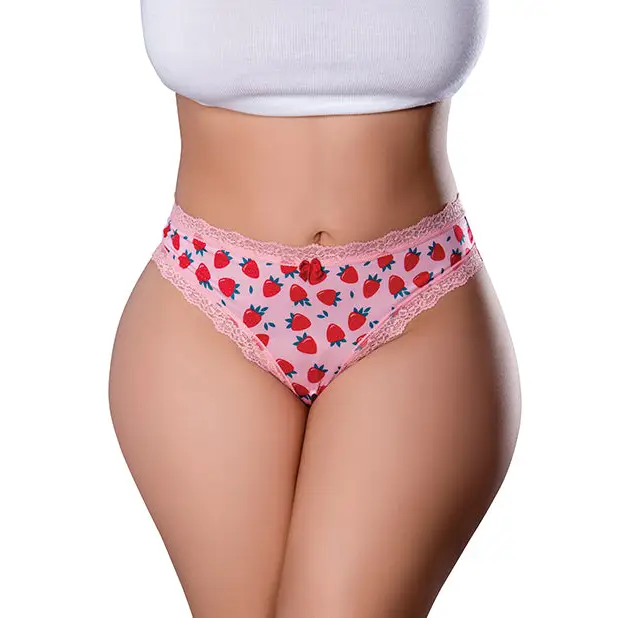Sweet Treats Crotchless Thong w/Wicked Sensual Care Strawberry Lube - Pink QN - Lingerie - Plus/Queen - Packaged