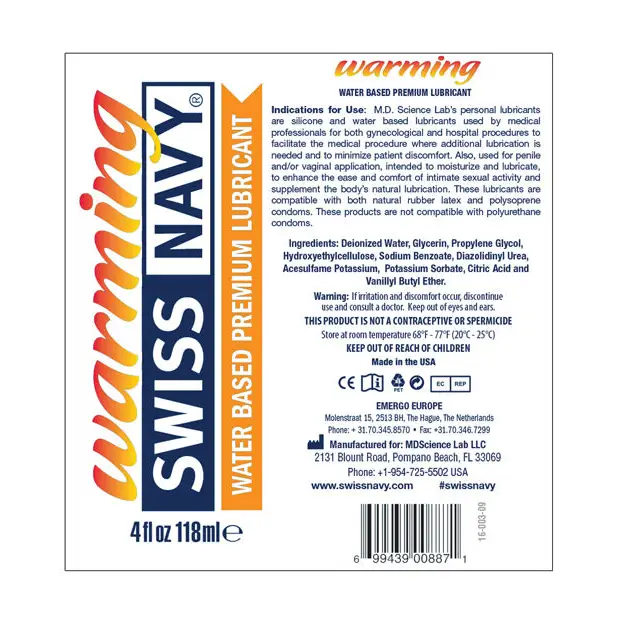 Swiss Navy Warming Water Based Lubricant - 4 oz - Lubricants