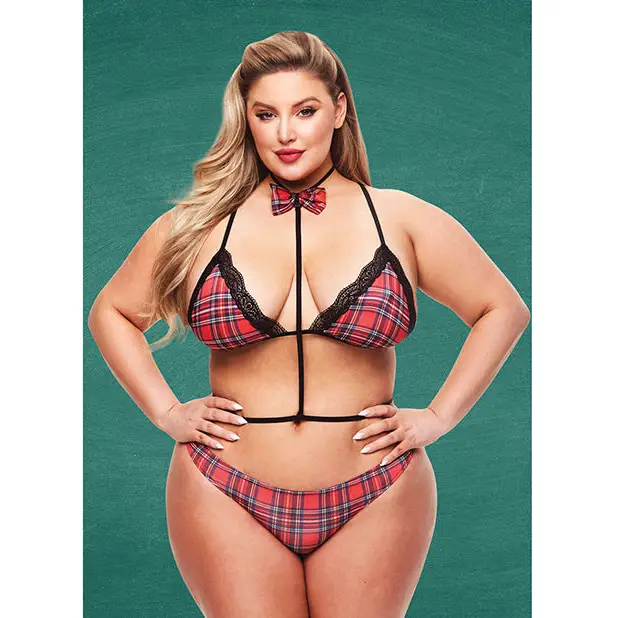 Teacher’s Pet Baddie Schoolgirl Top w/Bow Tie & Panty Red/Black QN