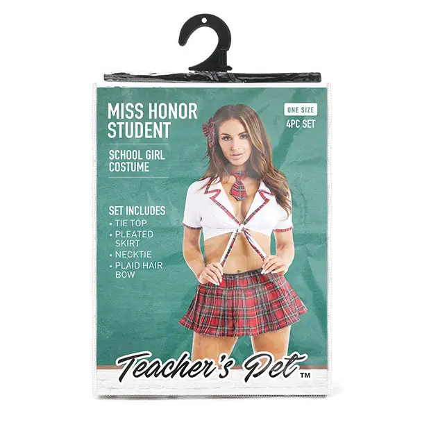 Teacher’s Pet Ms Honor Student School Girl Tie Top Pleated Skirt Neck Tie & Hair Bow Red O/S