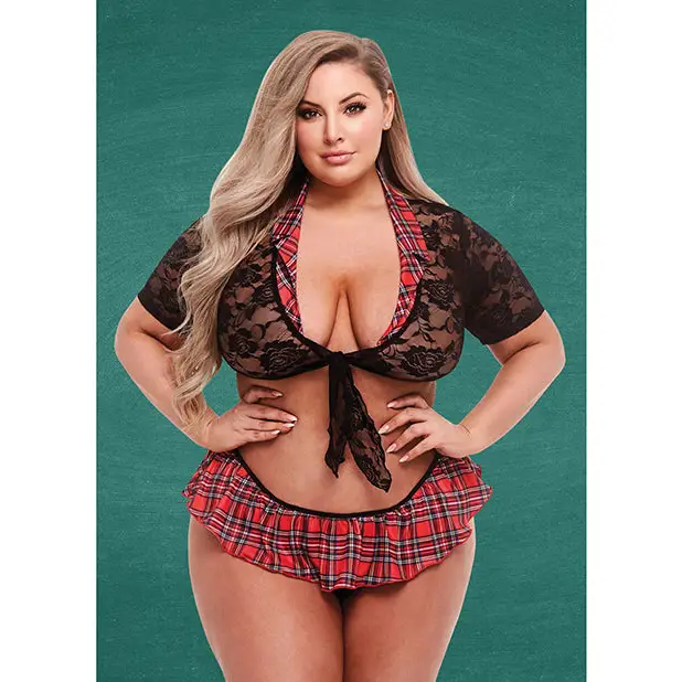 Teacher’s Pet Schoolgirl Lace Top Tie & Skirt Black/Red QN