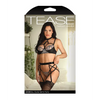 Tease Avori Embroidered Mesh Bra, Garter Belt & Panty Black L/XL