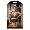 Tease Kelsey Criss Cross metallic Lace Bralette, Garterbelt & Panty Black 3X/4X