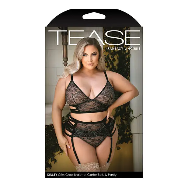 Tease Kelsey Criss Cross metallic Lace Bralette, Garterbelt & Panty Black 3X/4X