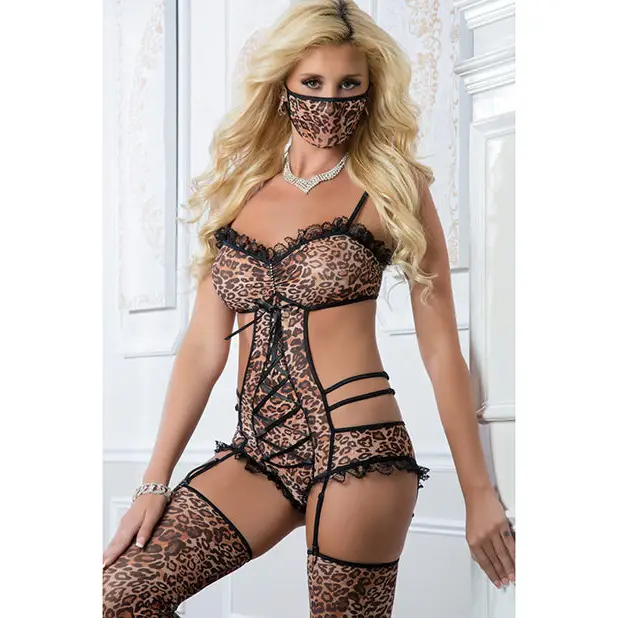 Teddy w/Garters, Face Mask & Stockings Gold Leopard O/S