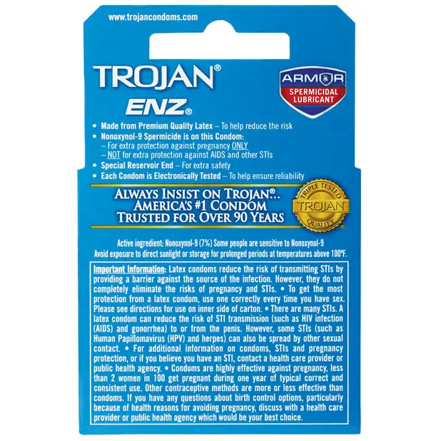 Trojan Enz Spermicidal Lubricated Condoms - Box of 3 - Condoms