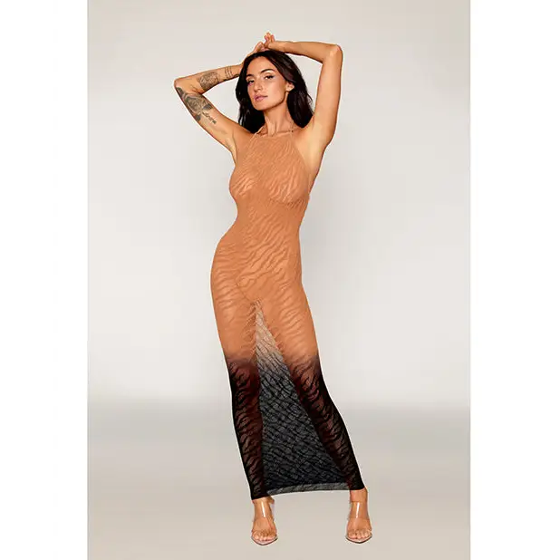 Two-Tone Ombre Seamless Zebra Knit Bodystocking Gown - Copper/Black O/S - Lingerie - Packaged