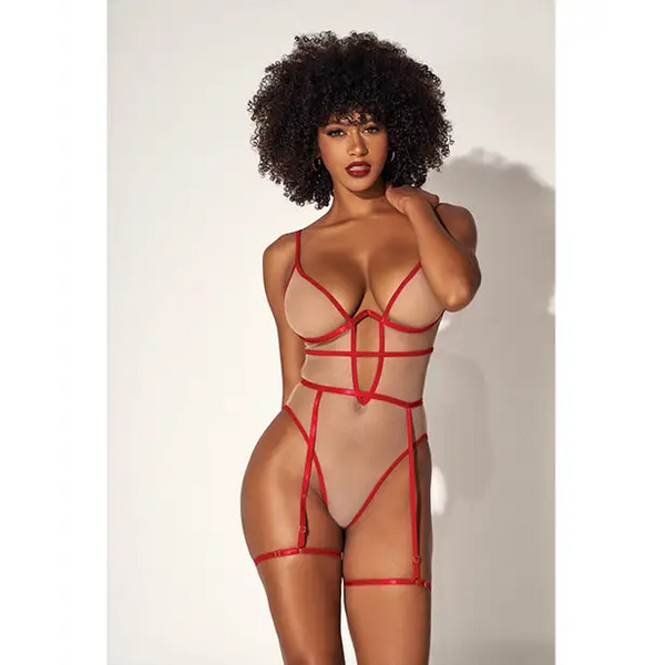 Underwire Bodysuit w/Cut Out Heart Back Nude/Red L/XL - Lingerie - Packaged