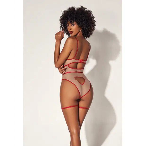 Underwire Bodysuit w/Cut Out Heart Back Nude/Red S/M - Lingerie - Packaged