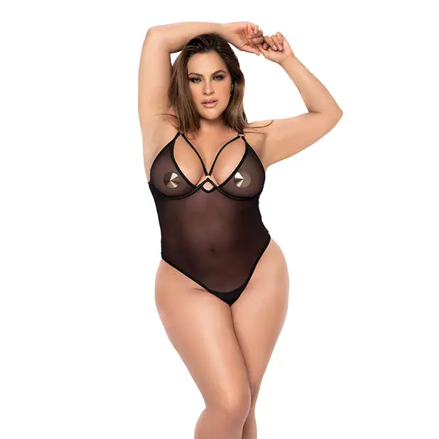 Underwire Mesh Bodysuit w/Garterbelt Black 3X/4X - Lingerie - Plus/Queen - Hanging