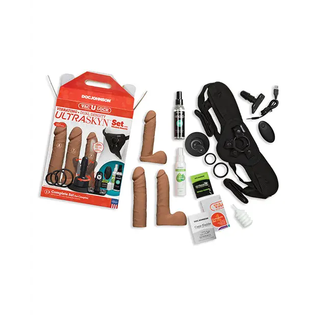 Vac-U-Lock Vibrating Dual Density ULTRASKYN Set w/Wireless Remote - Caramel - Dongs & Dildos