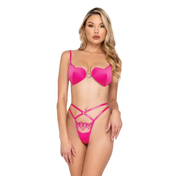 Valentine Bubblegum Heart Satin Bra & Metallic Lace Embroidered Thong Pink XL - Lingerie - Hanging