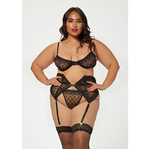 Valentines Heart Embroidered Mesh Bra Waspie & Panty Black 3X/4X - Lingerie - Plus/Queen - Hanging