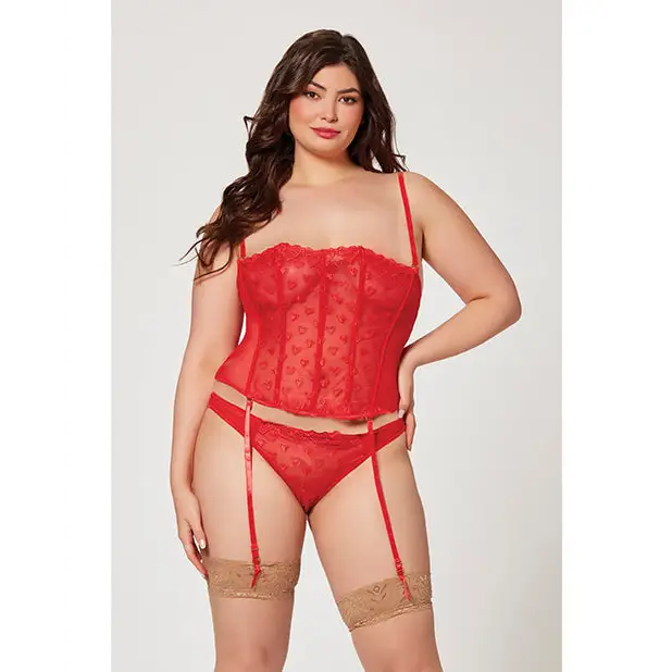 Valentines Heart Embroidered Mesh Bustier & Panty Red 3X/4X - Lingerie - Plus/Queen - Hanging