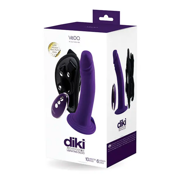 VeDO Diki Rechargeable Vibrating Dildo w/Harness - Deep Purple - Strap Ons