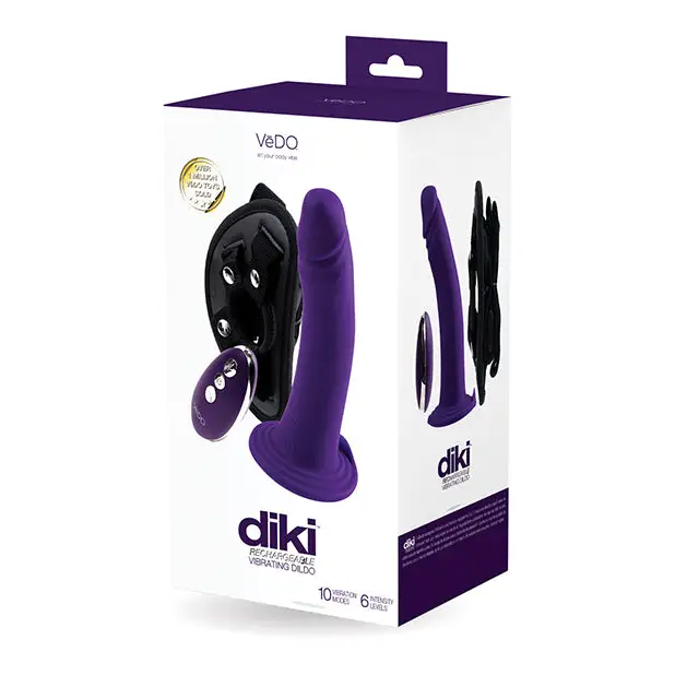 VeDO Diki Rechargeable Vibrating Dildo w/Harness - Deep Purple - Strap Ons