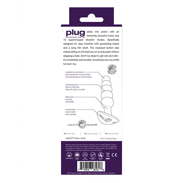 VeDO Plug Rechargeable Anal Plug - Purple - Anal Products