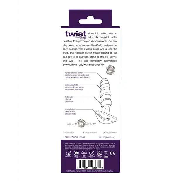 VeDO Twist Rechargeable Anal Plug - Purple - Anal Products