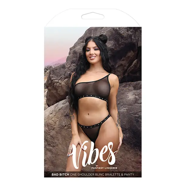 Vibes Bad Bitch One Shoulder Bling Bralette & Panty Black L/XL - Lingerie - Packaged