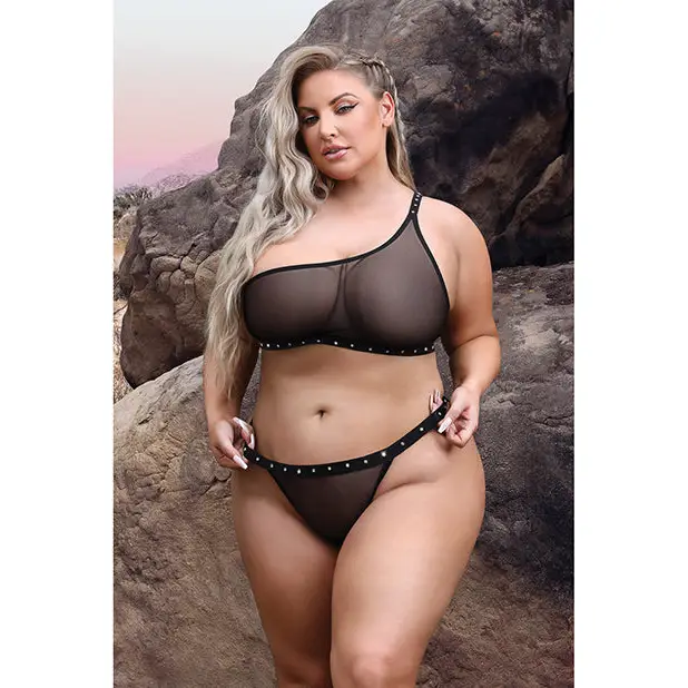 Vibes Bad Bitch One Shoulder Bling Bralette & Panty Black QN - Lingerie - Plus/Queen - Packaged