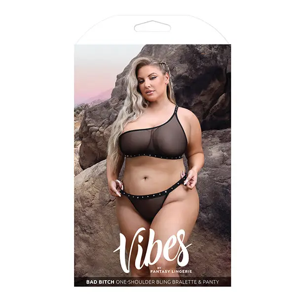 Vibes Bad Bitch One Shoulder Bling Bralette & Panty Black QN - Lingerie - Plus/Queen - Packaged