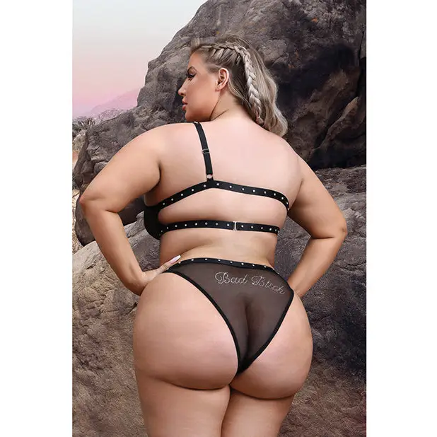Vibes Bad Bitch One Shoulder Bling Bralette & Panty Black QN - Lingerie - Plus/Queen - Packaged