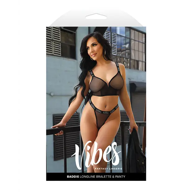 Vibes Baddie Glitter Mesh Long Line Bralette & Thong Black L/XL - Lingerie - Packaged