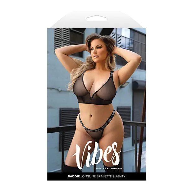 Vibes Baddie Glitter Mesh Long Line Bralette & Thong Black QN - Lingerie - Plus/Queen - Packaged