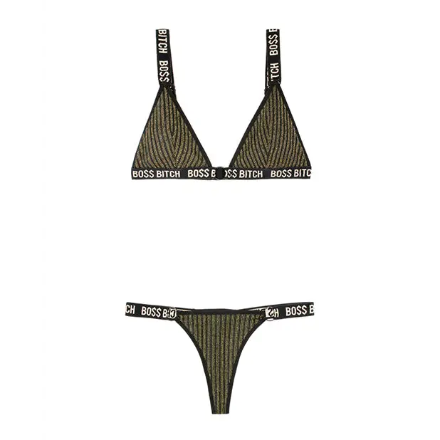 Vibes Boss Bitch Bralette & Thong Panty Black/Gold L/XL - Lingerie - Packaged