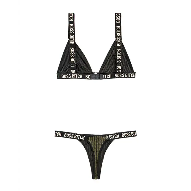 Vibes Boss Bitch Bralette & Thong Panty Black/Gold L/XL - Lingerie - Packaged