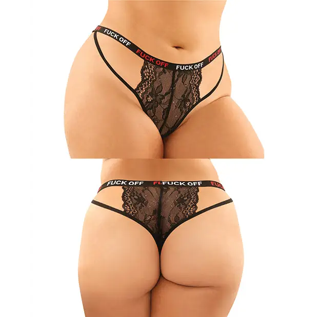 Vibes Buddy Fuck Off Caged Lace Panty & Micro Thong Black QN - Lingerie - Plus/Queen - Hanging