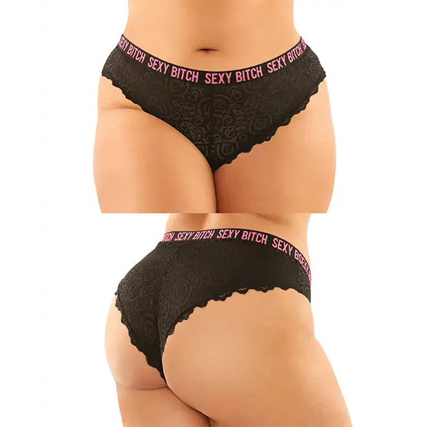 Vibes Buddy Sexy Bitch Lace Panty & Micro Thong Black/PNK QN - Lingerie - Plus/Queen - Packaged