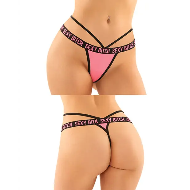 Vibes Buddy Sexy Bitch Lace Panty & Micro Thong Black/PNK S/M - Lingerie - Packaged