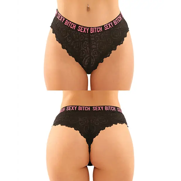 Vibes Buddy Sexy Bitch Lace Panty & Micro Thong Black/PNK S/M - Lingerie - Packaged