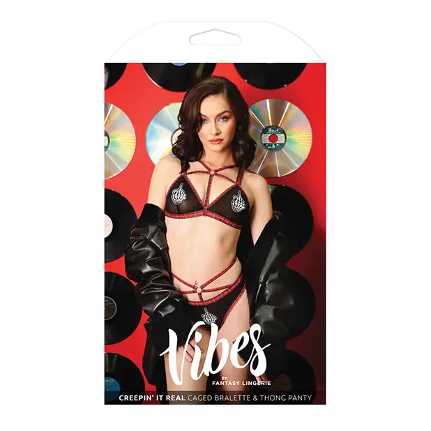 Vibes Creepin’ it Real Caged Bralette & Thong Panty Black M/L - Lingerie - Packaged