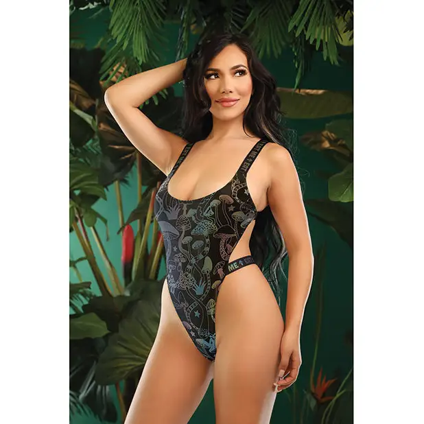 Vibes Eat Me Flash Reactive Mushroom Print Bodysuit w/Snap Closure - Black M/L - Lingerie - Packaged