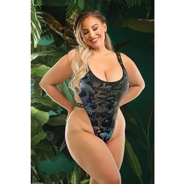 Vibes Eat Me Flash Reactive Mushroom Print Bodysuit w/Snap Closure - Black QN - Lingerie - Plus/Queen - Packaged