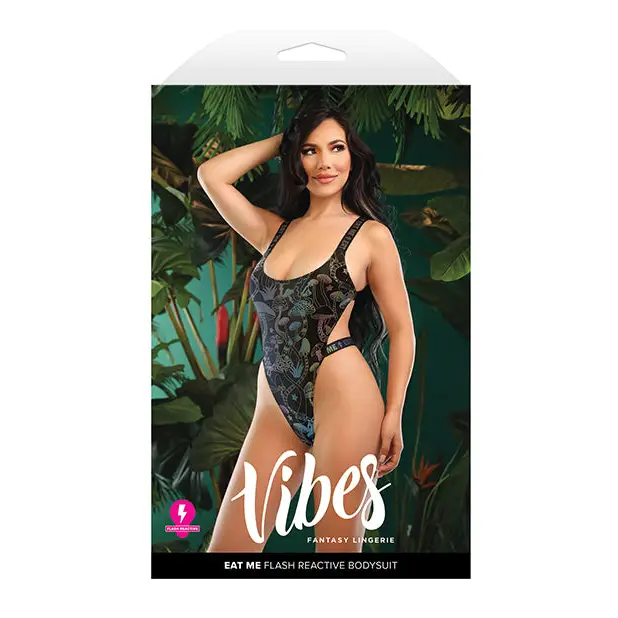 Vibes Eat Me Flash Reactive Mushroom Print Bodysuit w/Snap Closure - Black L/XL - Lingerie - Packaged