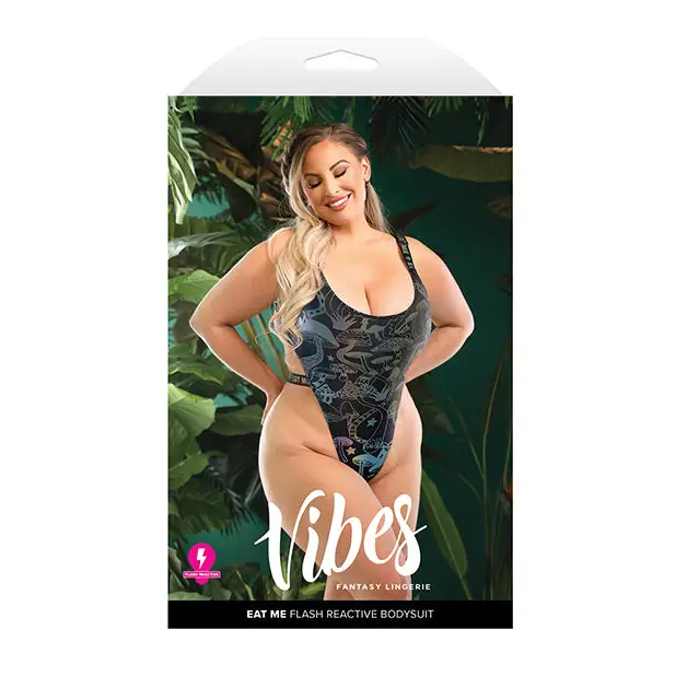 Vibes Eat Me Flash Reactive Mushroom Print Bodysuit w/Snap Closure - Black QN - Lingerie - Plus/Queen - Packaged
