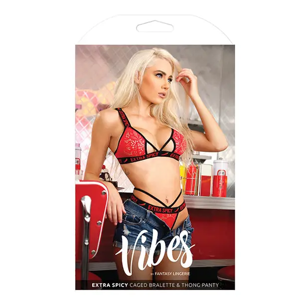 Vibes Extra Spicy Caged Bralette & Thong Chili Red S/M - Lingerie - Packaged