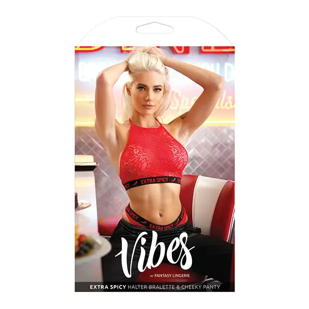 Vibes Extra Spicy Halter Bralette & Cheeky Panty Chili Red M/L - Lingerie - Packaged