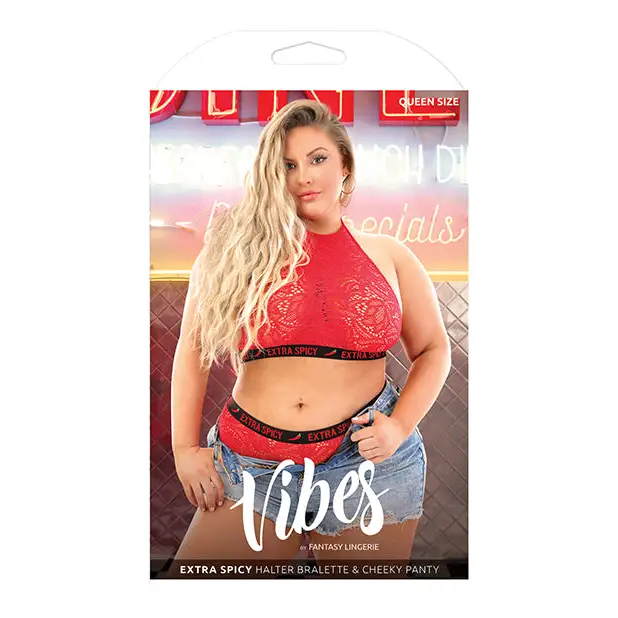 Vibes Extra Spicy Halter Bralette & Cheeky Panty Chili Red QN - Lingerie - Plus/Queen - Packaged
