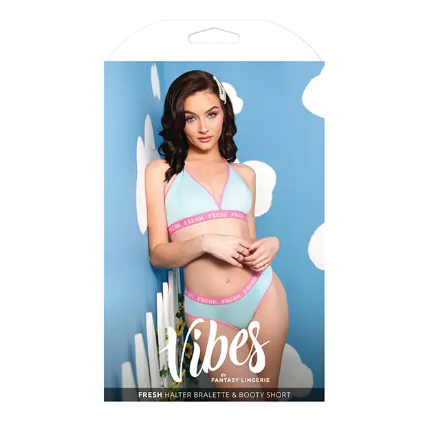 Vibes Fresh Halter Bralette & Booty Short Light Blue L/XL - Lingerie - Packaged