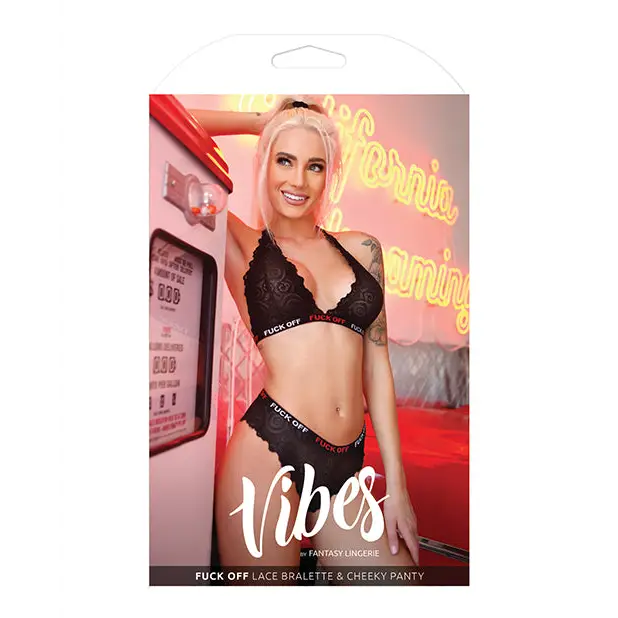 Vibes Fuck Off Lace Bralette & Cheeky Panty Black S/M - Lingerie - Packaged
