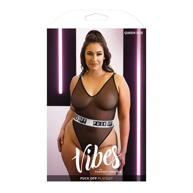 Vibes Fuck Off Mesh Playsuit Black QN - Lingerie - Plus/Queen - Packaged