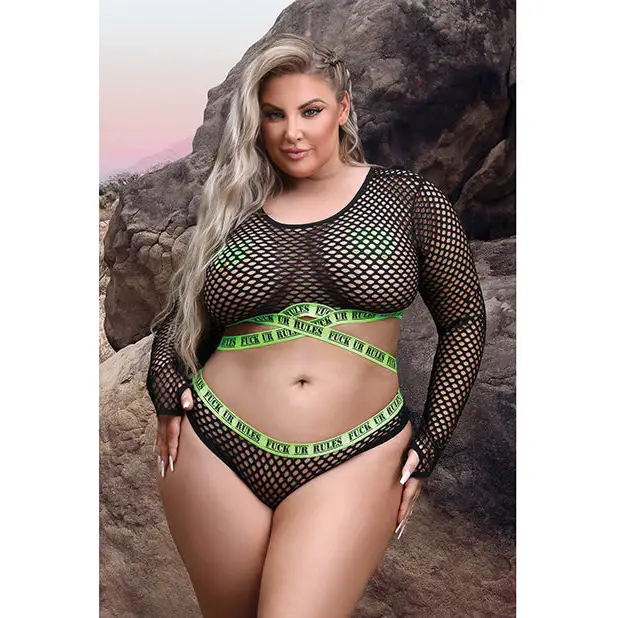Vibes Fuck Ur Rules Long Sleeve Crop Top Panty & Pasties Black/Green QN - Lingerie - Plus/Queen - Packaged