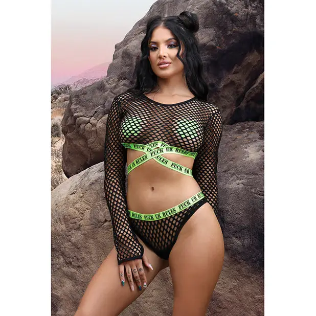 Vibes Fuck Ur Rules Long Sleeve Crop Top Panty & Pasties Black/Green L/XL - Lingerie - Packaged